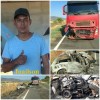 Homem morre carbonizado depois que carro que dirigia pegar fogo em colisão contra uma carreta.