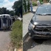 Carro tomba após colisão com outro veículo em Guanambi.