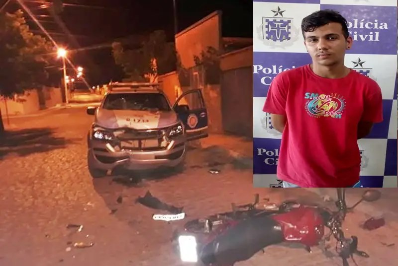 Suspeito fica ferido após colidir contra viatura da PM durante perseguição em Guanambi.