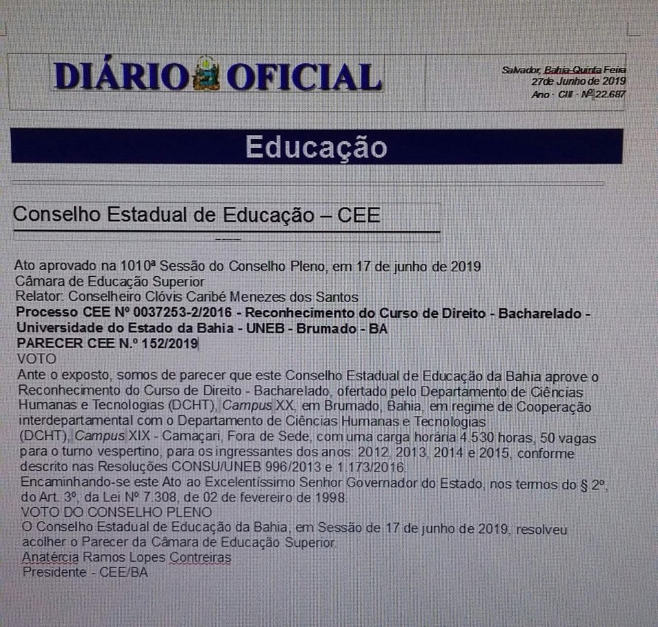 Conselho de Educação reconhece curso de Direito da Uneb – Brumado.