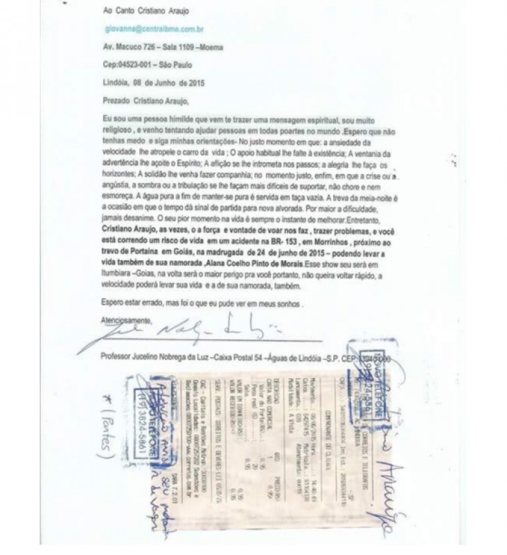 Vidente mandou carta para Cristiano Araújo antes de acidente.