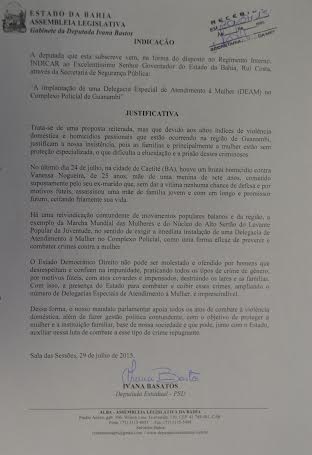 Ivana Bastos reitera pedido e faz nova indicação ao governador para instalação de uma Delegacia da Mulher em Guanambi.