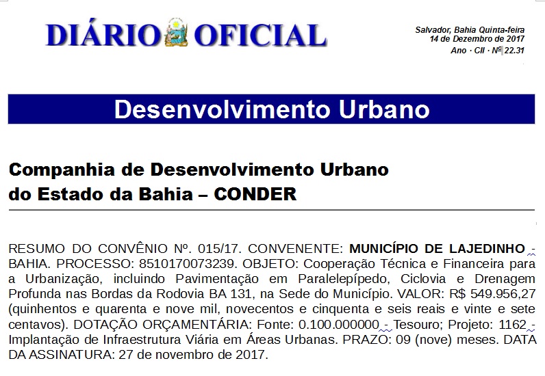 Conv?nio para pavimenta??o na sede de Lajedinho ? publicado no Di?rio Oficial.