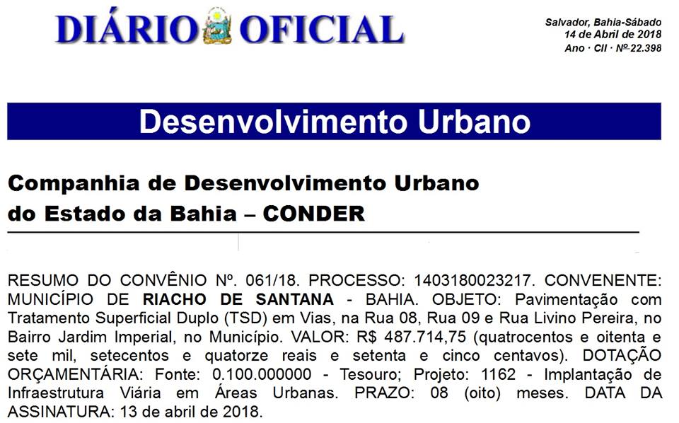Conv?nio para pavimenta??o em Riacho de Santana ? publicado.