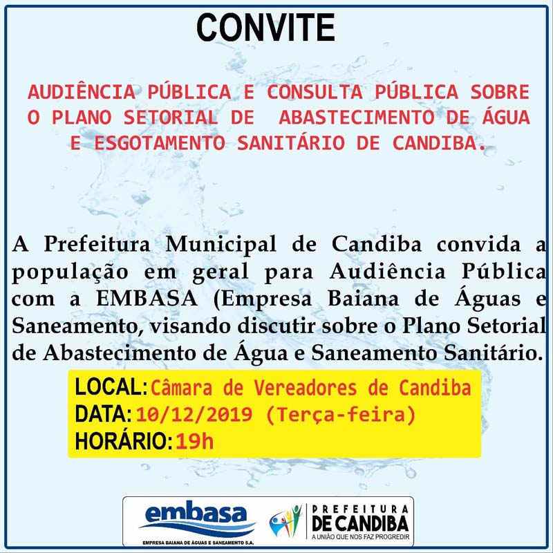 Candiba realizará audiência pública para debater prestação de serviços de água.
