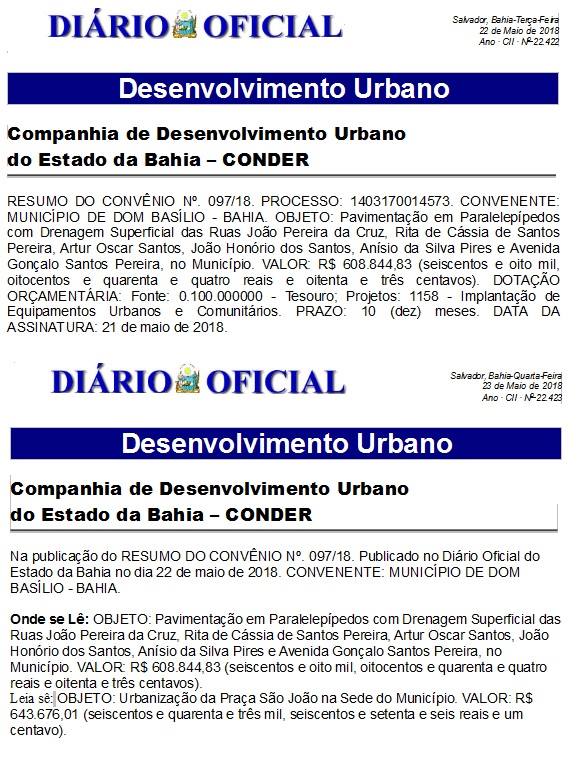 Publicado conv?nio para constru??o de pra?a em Dom Bas?lio.