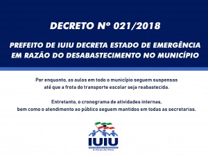 Prefeito de Iui? decreta estado de emerg?ncia em raz?o do desabastecimento no munic?pio.