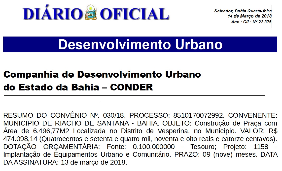 Publicado conv?nio para constru??o de pra?a em Riacho de Santana.