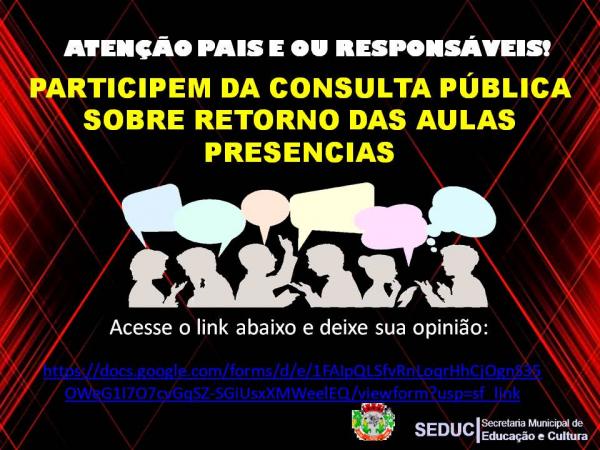 Prefeitura de Iuiú abre consulta pública sobre retorno das aulas presenciais.