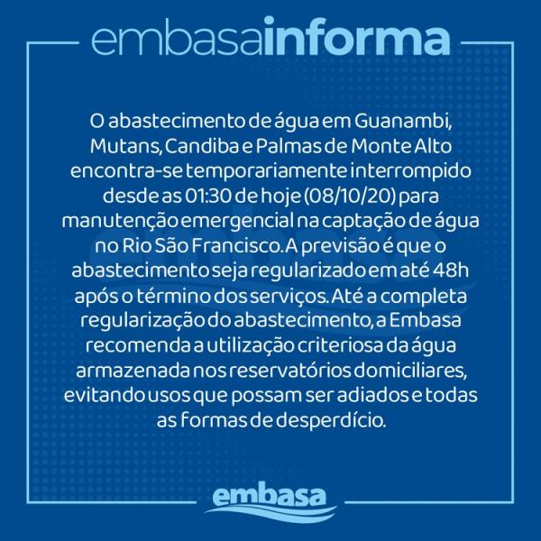 Embasa comunica interrupção no abastecimento de água em Guanambi e outras cidades.