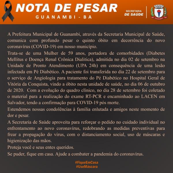 Guanambi confirma quinta morte por Covid-19.