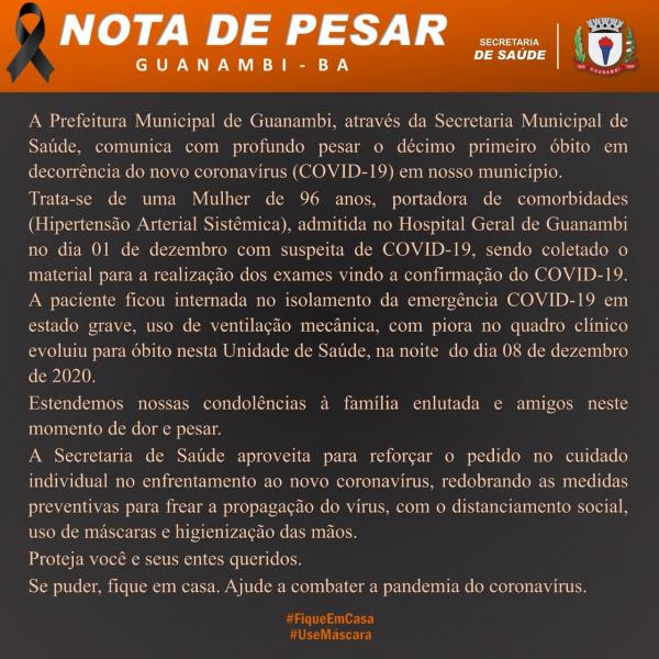 Guanambi confirma décima primeira morte por Covid-19.
