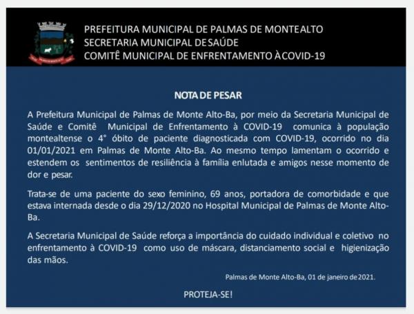 Palmas de Monte Alto registra 4º óbito em decorrência da Covid-19.