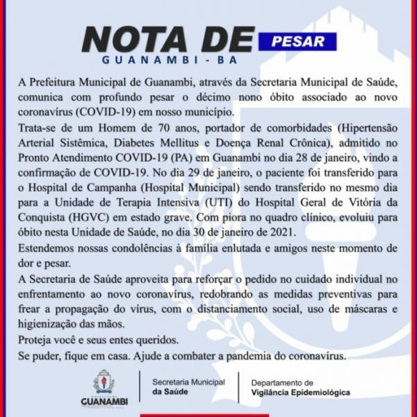 Secretaria de saúde de Guanambi confirmada 19º morte por complicações da Covid-19.