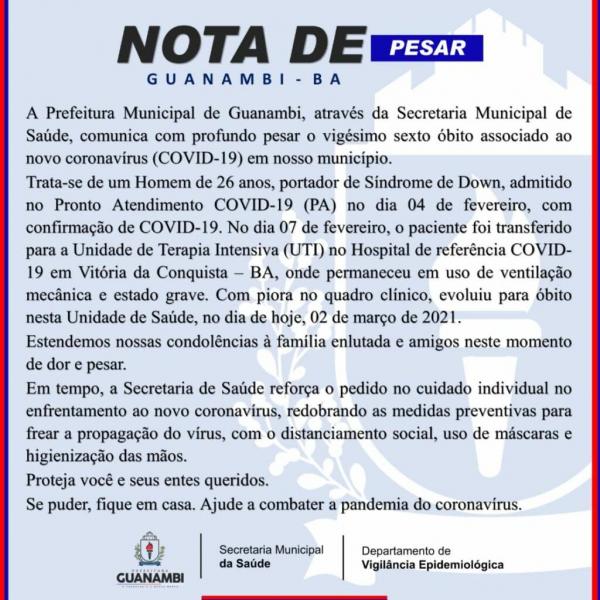 Guanambi confirma morte de jovem de 26 anos por complicações da Covid-19.