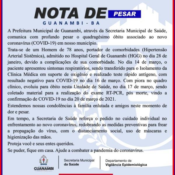 Guanambi registra 40º óbito de paciente com a Covid-19.