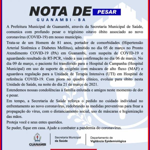 Guanambi registra trigésimo oitavo óbito por complicações da Covid-19.