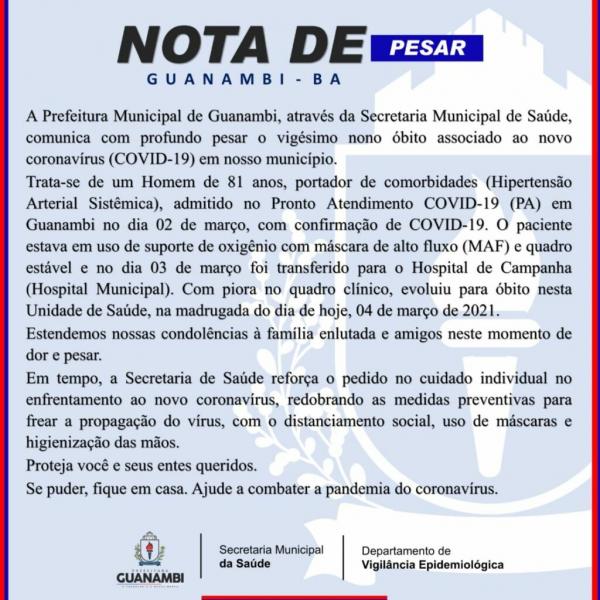 Idoso de 81 anos é o vigésimo nono óbito por Covid-19 em Guanambi.