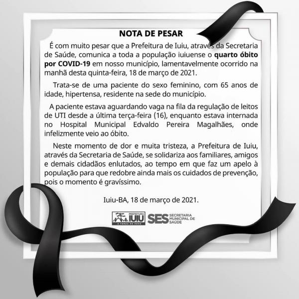 Iuiú registra quarta morte por complicações das Covid-19.