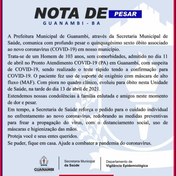 Guanambi registra quinquagésimo sexto óbito por Covid-19 é 74 casos.