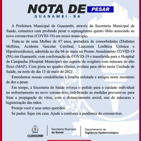 Sobe para 75 o número de mortes por complicações da Covid-19 em Guanambi.