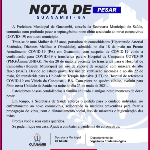 Guanambi registra o 79º óbito em decorrência da Covid-19.