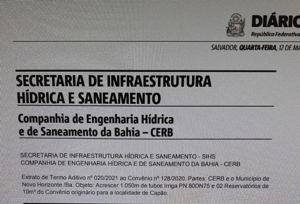 Publicado convênio para a ampliação de sistema de água em Novo Horizonte.