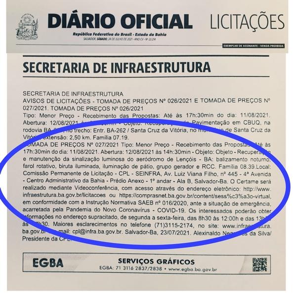 Aberta licitação para obras de iluminação da pista do aeroporto de Lençóis.
