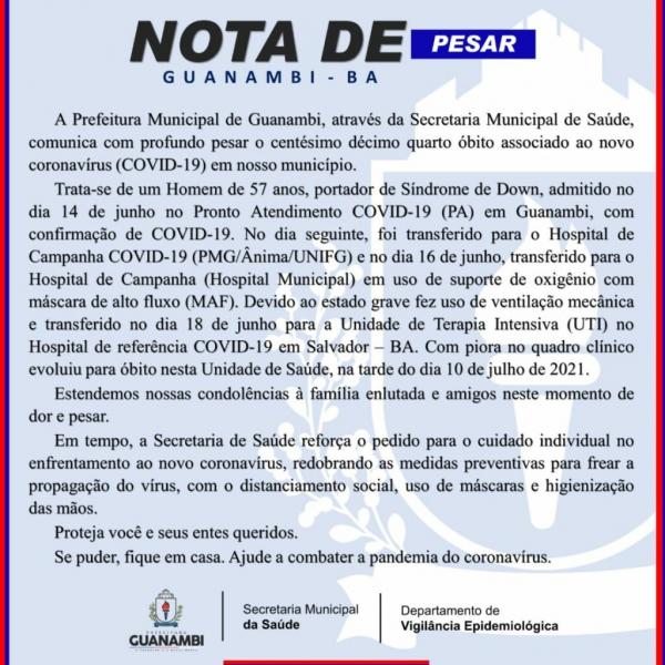 Guanambi registra centésimo décimo quarto óbito por Covid-19.