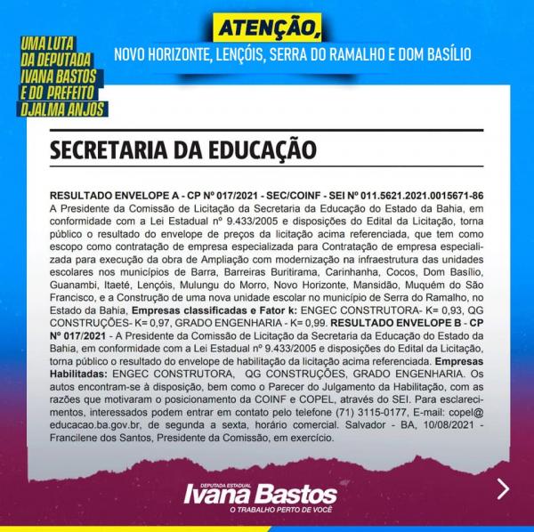Após luta de Ivana Bastos, Secretaria de Educação abre licitação para obras em escolas de diversos municípios.