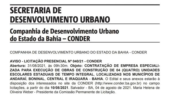 Após união de forças, divulgado aviso de licitação para a construção de escola em Iraquara.