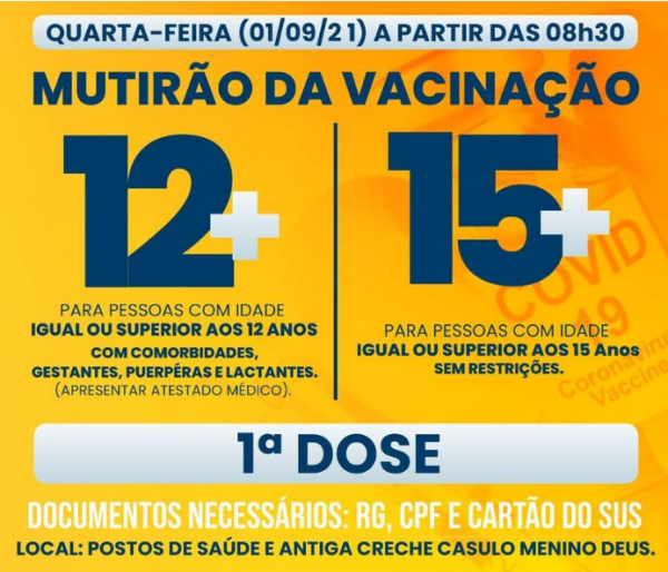 Riacho de Santana anuncia início da vacinação de adolescentes entre 12 e 15 anos.