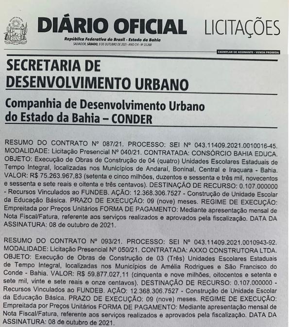 Publicado o contrato para execução para as obras de escola em Iraquara.