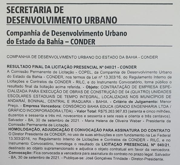 Publicado resultado de licitação para construção de escola em Iraquara.