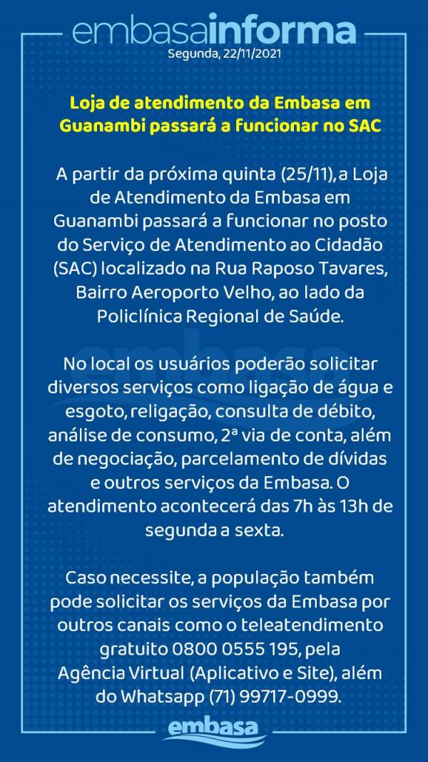 Loja de atendimento da Embasa em Guanambi passa a funcionar no SAC.
