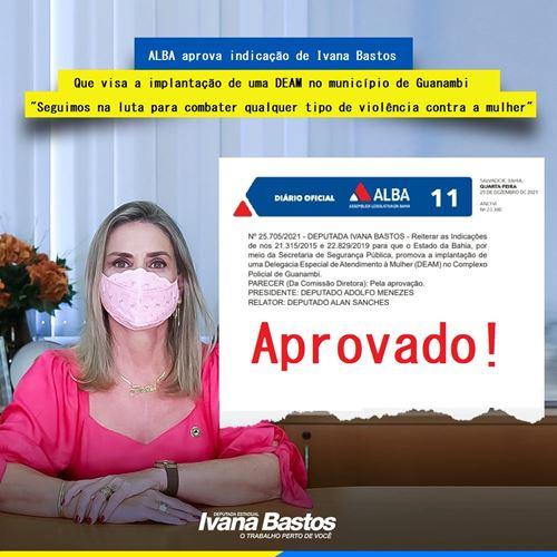 ALBA aprova indicação de Ivana que visa a implantação de uma DEAM em Guanambi.