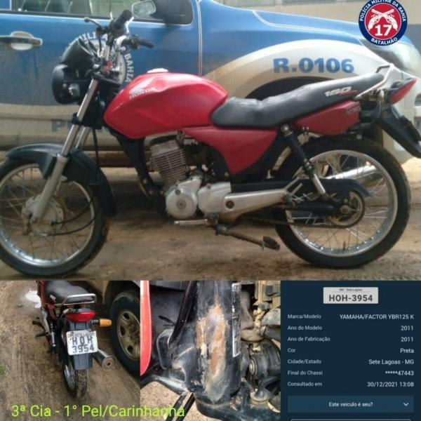 PM apreende moto com placa adulterada e chassi raspado na zona rural de Carinhanha.