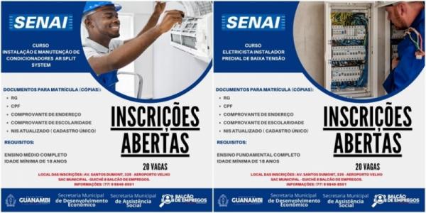 Prefeitura de Guanambi e SENAI abrem 40 vagas para cursos gratuitos de instalação e manutenção de condicionadores de ar split e eletricista.