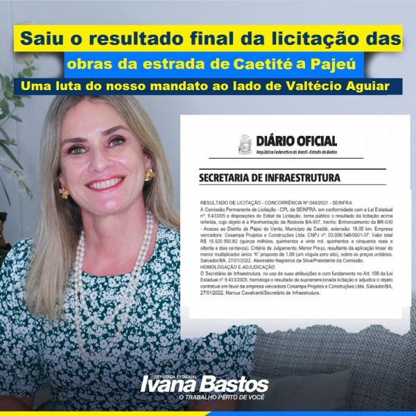 Trabalhamos muito e a vitória chegou”, afirma Ivana após publicação final da licitação para obras do asfalto de Caetité a Pajeú dos Ventos.
