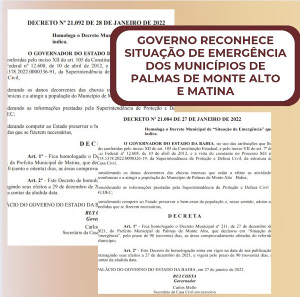 Governo da Bahia reconhece situação de emergência dos municípios de Palmas de Monte Alto Matina.