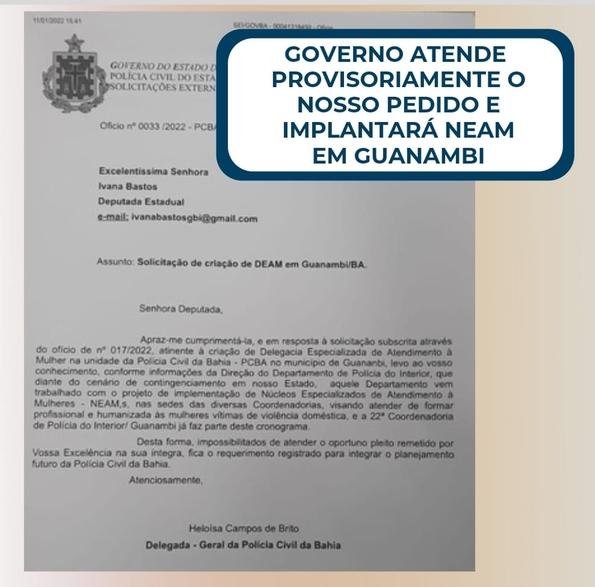 Polícia Civil atende provisoriamente pedido da deputada Ivana Bastos e implantará um NEAM em Guanambi.