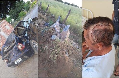 Idoso fica ferido após carro capotar e colidir contra poste na zona rural de Palmas de Monte Alto.