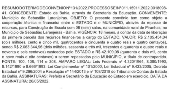 Prefeitura de Sebastião Laranjeiras viabiliza convênio de R$ 2 milhões para construção de escola em Piranhas.