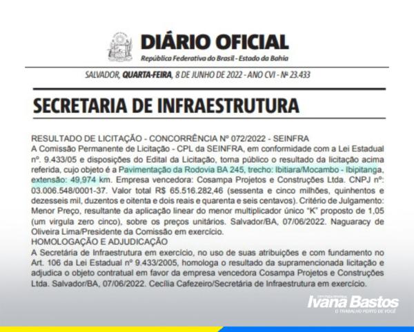 Licitação para obras do asfalto da estrada de Ibitiara/Mocambo e Ibipitanga foi finalizada.