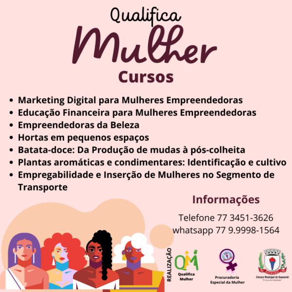 A Procuradoria da Mulher da Câmara de Vereadores de Guanambi oferecerá cursos gratuitos através do Projeto Qualifica Mulher.