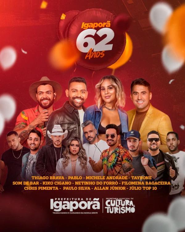 Programação do Aniversário de Igaporã tem shows de Pablo, Tayrone, Thiago Brava e outras atrações.