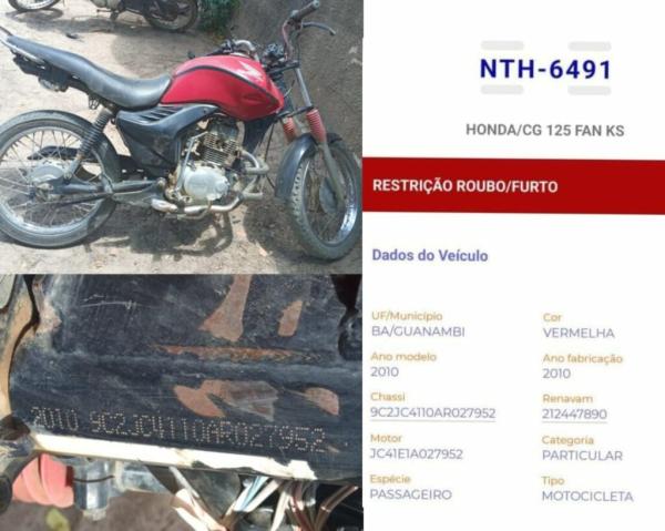 Motocicleta com restrição de furto de Guanambi é apreendida em Carinhanha.