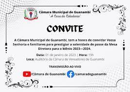 Câmara de Guanambi convida para posse da Mesa Diretora.