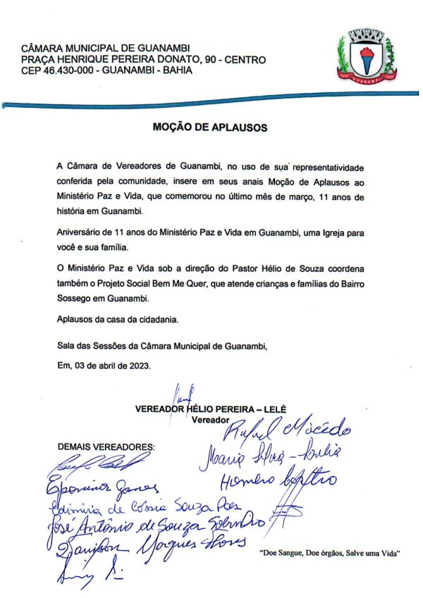 Ministério Paz e Vida é homenageado com Moção de Aplausos pela Câmara de Vereadores de Guanambi.