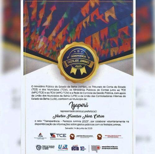 Município de Igaporã foi contemplado com o selo ‘Transparência – Festejos Juninos 2023’.